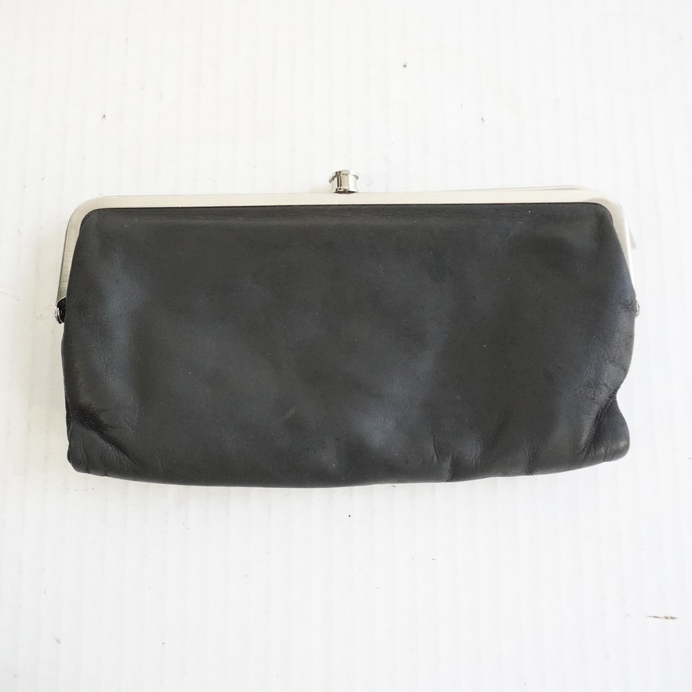 Hobo Black Leather Clutch Wallet Coin Purse Kiss Lock Closure Y2K